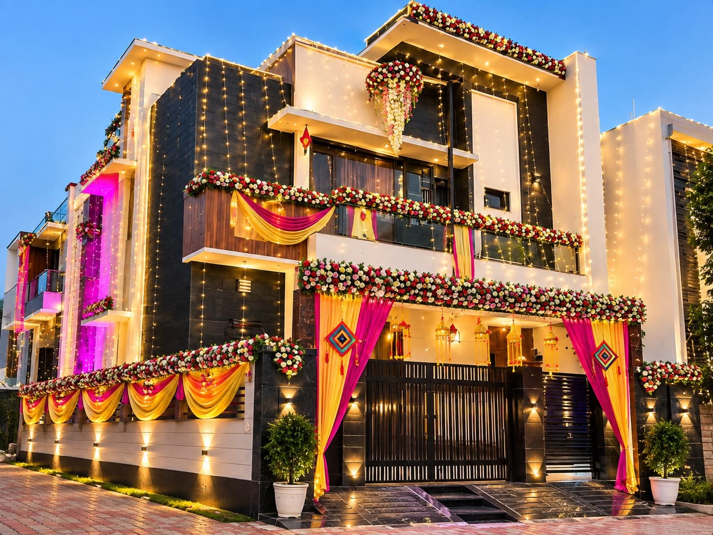 House front dressed for a wedding at dusk with floral garlands, pink and gold drapes and fairy lights