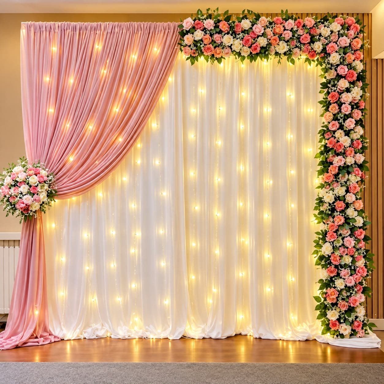 Blush and white drape backdrop edged with a pink rose garland and curtain fairy lights